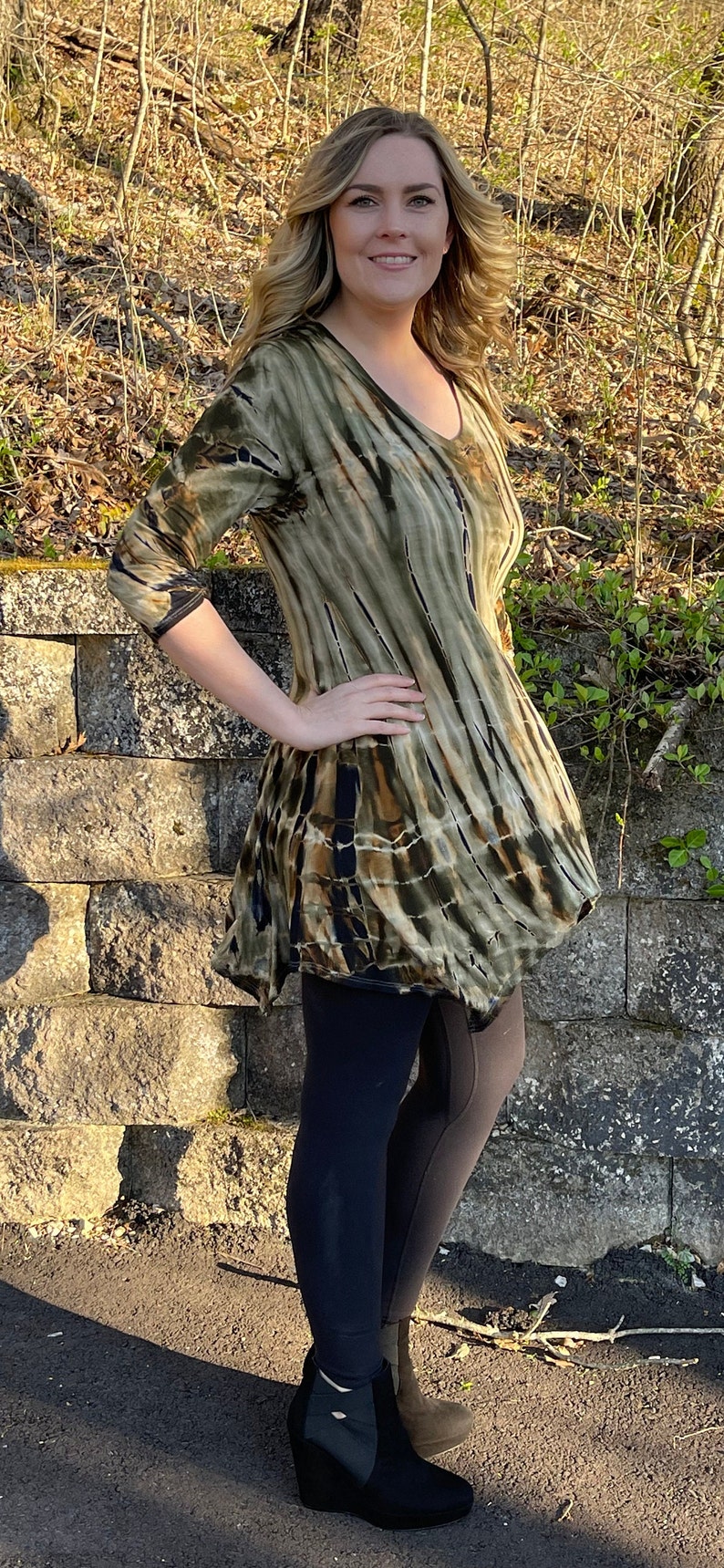 Tunic Top, Tie Dye Tunic, Tunic Top, Womens Top, Tie Dye, Olive Beige Tone with Black, Olive Fall Colors Tunic, S M L XL 2X 3X, V Neck image 5