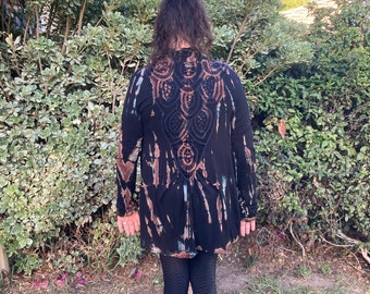 Cárdigan teñido con efecto tie-dye, cárdigan teñido a crochet, suéter para mujer, ropa de mujer, moda de otoño, teñido de negro con marrón, ropa tie-dye tallas S/M y Plus