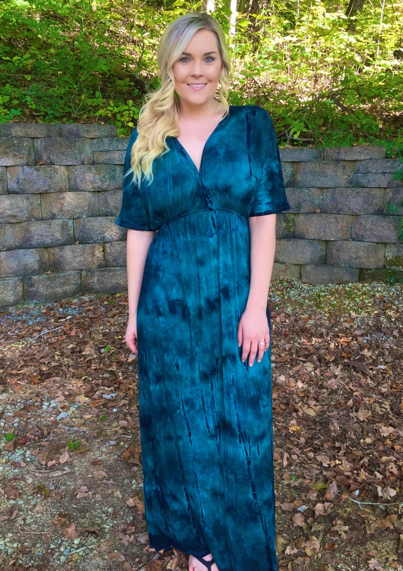 Plus Size Maxi, Tie Dye Dress, Maxi Dress, Plus Size Dress, Womens Clothing Plus Size, Kimono Dress, Shades of Teal & Black, XL 2X 3X image 1