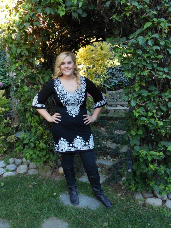 Plus Size Dress, Womens Plus Size, Dresses, Ethnic Clothing, Tunic, Dress,  Plus Sizes, Black and White, XS S M XL 2X 3X, 3/4 Sleeve 