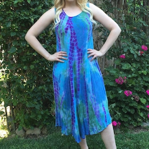 Bohemian Dress, Dresses, Tie Dye Dress, Caftan Dress, Summer Tank Dress, Cotton Gauze, Light Blue, Turquoise with Purple one size