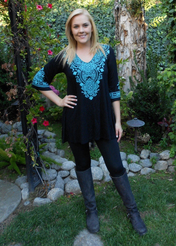 Tunic Top, Tunics, Tunic, Womens Tunic, Ethnic Top, Western Top, Green With  White, S M L, V Neck, Bell Sleeve -  Canada