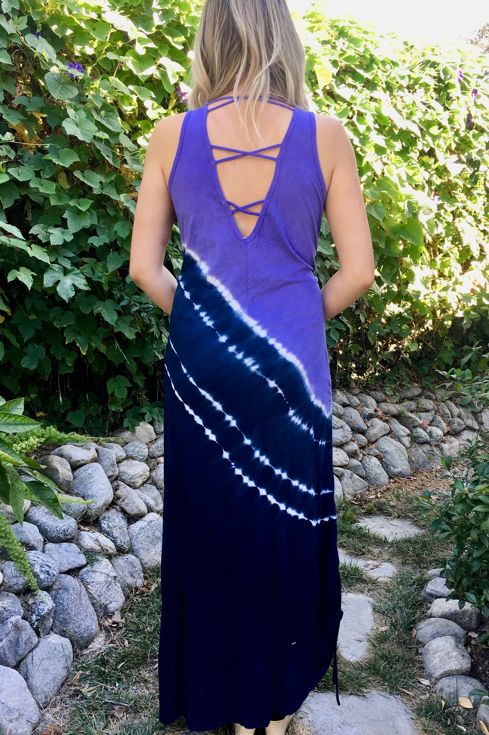 Tie Dye Stripe Crisscross Back Maxi Dress