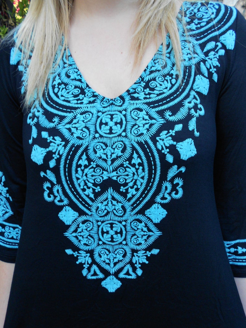 Plus Size, Tunic Plus, Black Tunic Top, Plus Tunics, Tunics, Tunic Top, Turquoise Embroidery, S M L XL 2X 3X, Bell Sleeve image 4