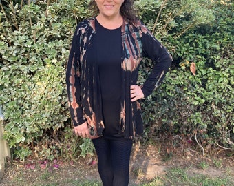Cárdigan de talla grande, teñido anudado, cárdigans con paneles de talla grande, cárdigan de mujer, ropa de talla grande para mujer, negro con marrón, tallas S/M L/XL y tallas grandes.
