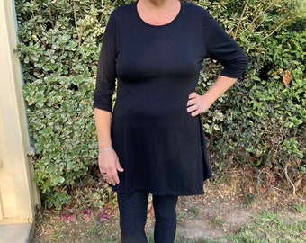 Woman's Tunic Top, Tunics, Ladies Tops, Womens Basic, Solid Black Tunic, S M L XL 2X 3X, Black Round Neck Tunic, Tunic Top Ruched Sleeve