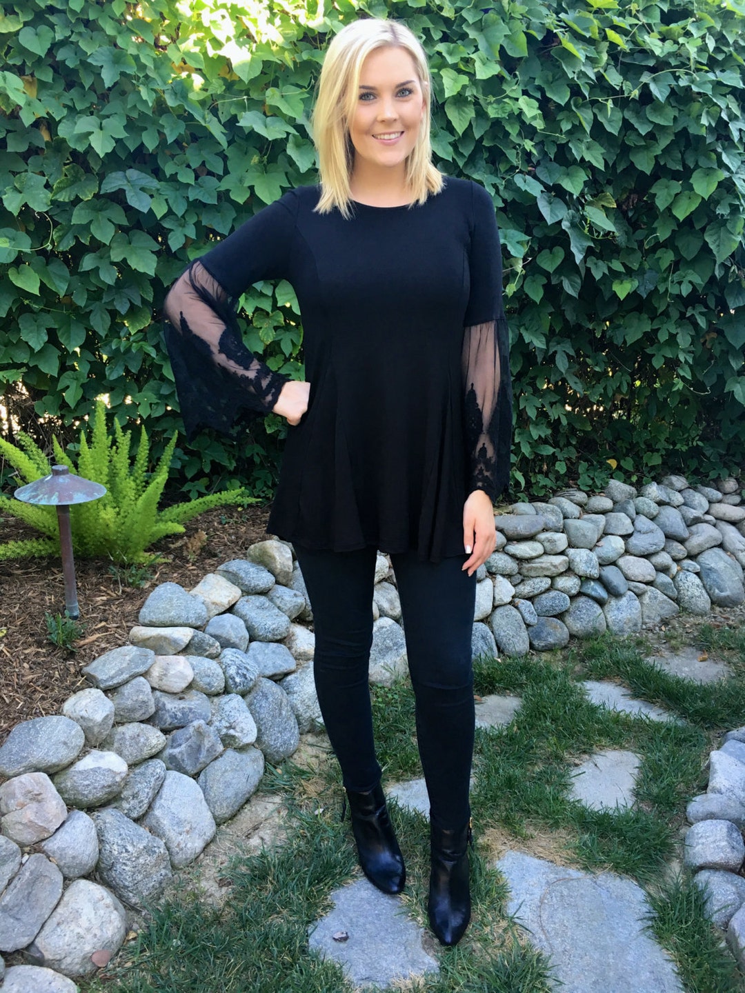 Womens Black Tunic Top, Women's Tunic Lace Sleeve, Womens Tunic, Boho ...