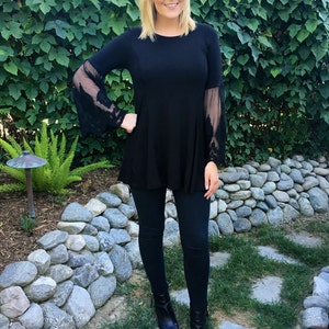Womens Black Tunic Top,  Women&#39;s Tunic Lace Sleeve, Womens Tunic, Boho Clothing, Solid Black w/Black Lace S only , Round Neck
