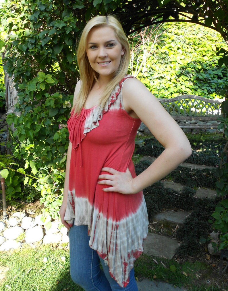 XS S M L Tie Dye Top Womens Clothing Coral with Beige /& White Clearance Ruffle Top Tank top Sale Tanks Womens top Lace Top