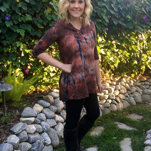 Cotton Tunic, Tie dye top, Tunics, Tunic top, Cotton Fashion Top, Gather Back, Dyed in Browns, Rust  w/Black, V Neck, S M L only
