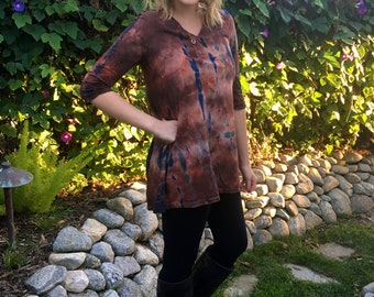 Cotton Tunic, Tie dye top, Tunics, Tunic top, Cotton Fashion Top, Gather Back, Dyed in Browns, Rust  w/Black, V Neck, S M only