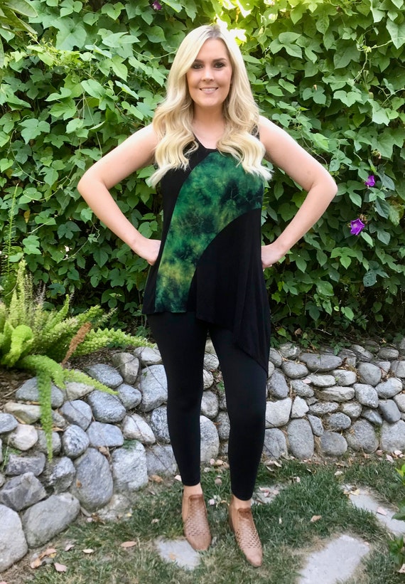 Plus Size Tank Top, Womens Plus Clothing, V Neck Tank Tunic, Summer Top,  Patch Top, Emerald Green Black XL 2X 3X, Asymmetric Cut 