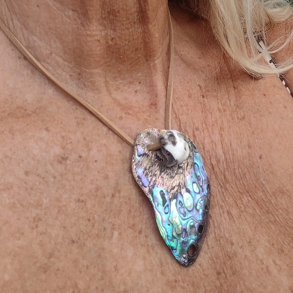 Abalone Pendant, Paua Shell Pendant, Seashell Pendant, Leather Necklace, Sustainable Abalone, Boho Necklace,