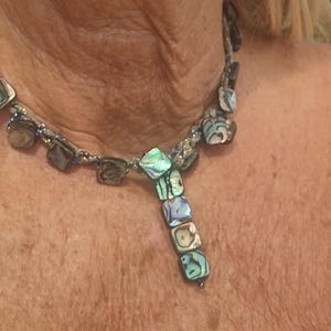 Abalone Choker Necklace: Sparkly Paua Pendant, Silk Fiber