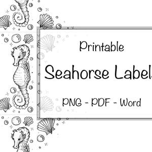Könnte beinhalten: Druckbare Seepferdchen-Etiketten in den Formaten PNG, PDF und Word. Schwarz-weiß-Zeichnung eines Seepferdchens mit Blasen und Muscheln.