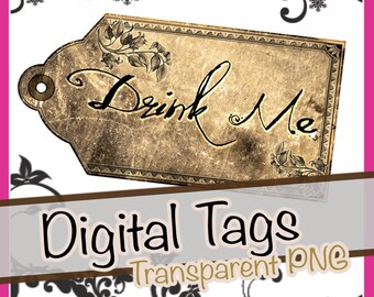 Drink Me Tags Alice in Wonderland Printable Labels Gift Tag Distressed Vintage Party Paper Craft Instant Download Digital Collage Sheet