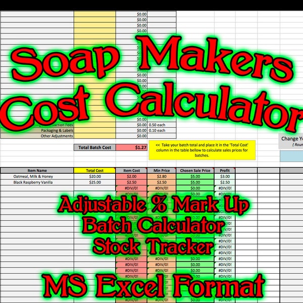 Soap Makers Cost Spreadsheet MS Excel Soaping Calculator Costing Batch Making Pricing Sheet Running Software Page Handmade Bar Loaf Business