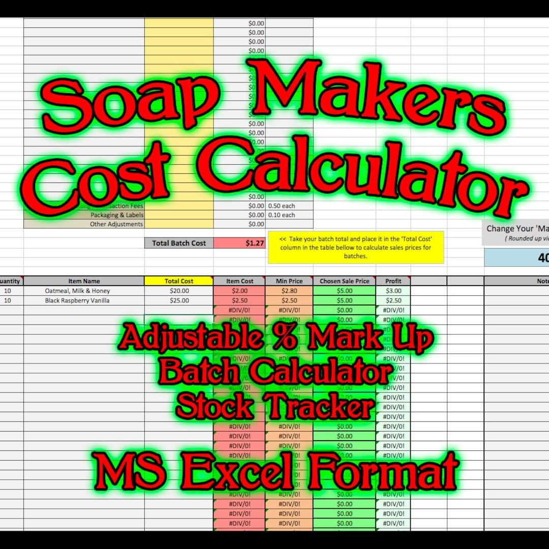 Soap Makers Cost Spreadsheet MS Excel Soaping Calculator Costing Batch