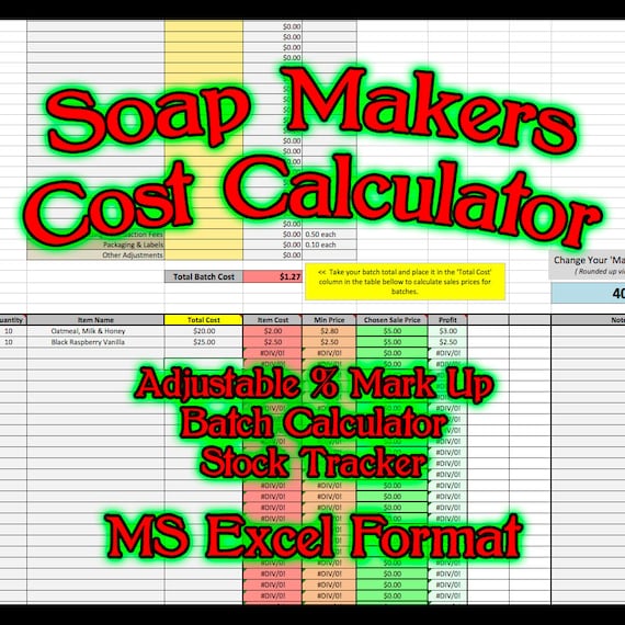 Soap Makers Cost Spreadsheet MS Excel Soaping Calculator Costing Batch Making Pricing Sheet Running Software Page Handmade Bar Loaf Business