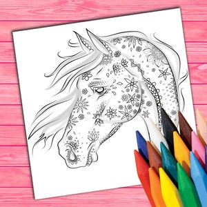 Horse Colouring Page Coloring Book Pony Print Printable Digital Instant Download Animal Sugar Candy Skull Digi Stamp Flower Pages Line Art