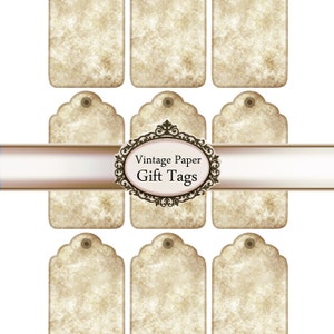 May include: Eight vintage paper gift tags with a distressed, aged look. The tags are rectangular and have rounded corners. They are all blank and ready to be written on.