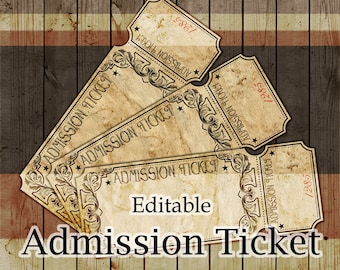 Admission Ticket Invitation Party Wedding Carnival Circus Movie Save The Date Steampunk Digital Editable Printable Stained Rustic