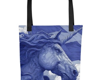 Scottish Unicorn Tote Bag – Blue Celtic Mythical Art Shopper – Scotland Flag Fantasy Gift