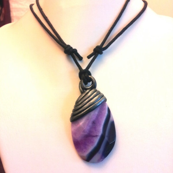 Natural Agate Necklace Gemstone Cabochon Cab. Polymer Clay Statement Unique Adjustable Cotton Cord Necklace Purple Pink Black Silver. UK