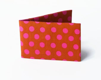 Travel Card Holder, Credit Card Wallet, Oyster Card Case, Subway Card Holder - Burnt Sugar and Raspberry Pink Polka Dots Fabric Wallet