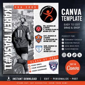Puede incluir: Plantilla de Canva para fútbol, con una jugadora con camiseta roja con el número 11. El diseño incluye horarios de partidos, logotipos de equipos y el texto "The Jefferson Cup". Es fácil de editar y perfecto para calendarios de torneos.