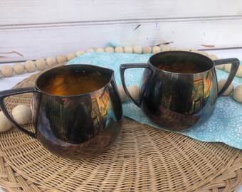 Vintage Empire Crafts Tarnished Silver Sugar Bowl Creamer Set, Quadruple Plate, Planter, Antique, Shelf Decor, Storage, Two Handles, Accent