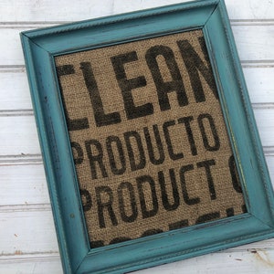 Framed coffee sack, clean product sign, burlap coffee sack, art, wall decor, coffee bar decor, repurposed coffee sack, blue framed sack, 185
