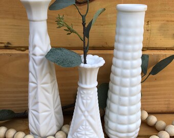 Milk Glass Collection, Three Vases, Cottage Decor, Farmhouse Decor, Collection, White Vases, Bud Vases, Cottagecore, shower, wedding, 129