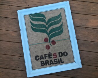 Framed coffee sack, Brasil coffee art, Brazil coffee, burlap coffee sack, art, wall decor, coffee bar decor, repurposed coffee sack,