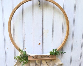 Farmhouse Wreath, Embroidery Hoop Wreath, Welcome Wreath, Front Door, 14" wreath, Cottage-core, Simple Wreath, Minimalist, Neutral