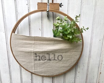 Farmhouse Wreath, Embroidery Hoop Wreath, HELLO Wreath, Front Door, 14" wreath, Cottage-core, Simple Wreath, Minimalist, pocket wreath