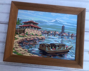 Vintage Paint by Number, pagoda, boat, mountains, Asia, Framed Art, Gallery Wall, Painting, Acrylic