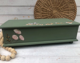 wood Box, Floral, Cottage core,  green box, box with flowers, home decor, storage, jewelry box, C060