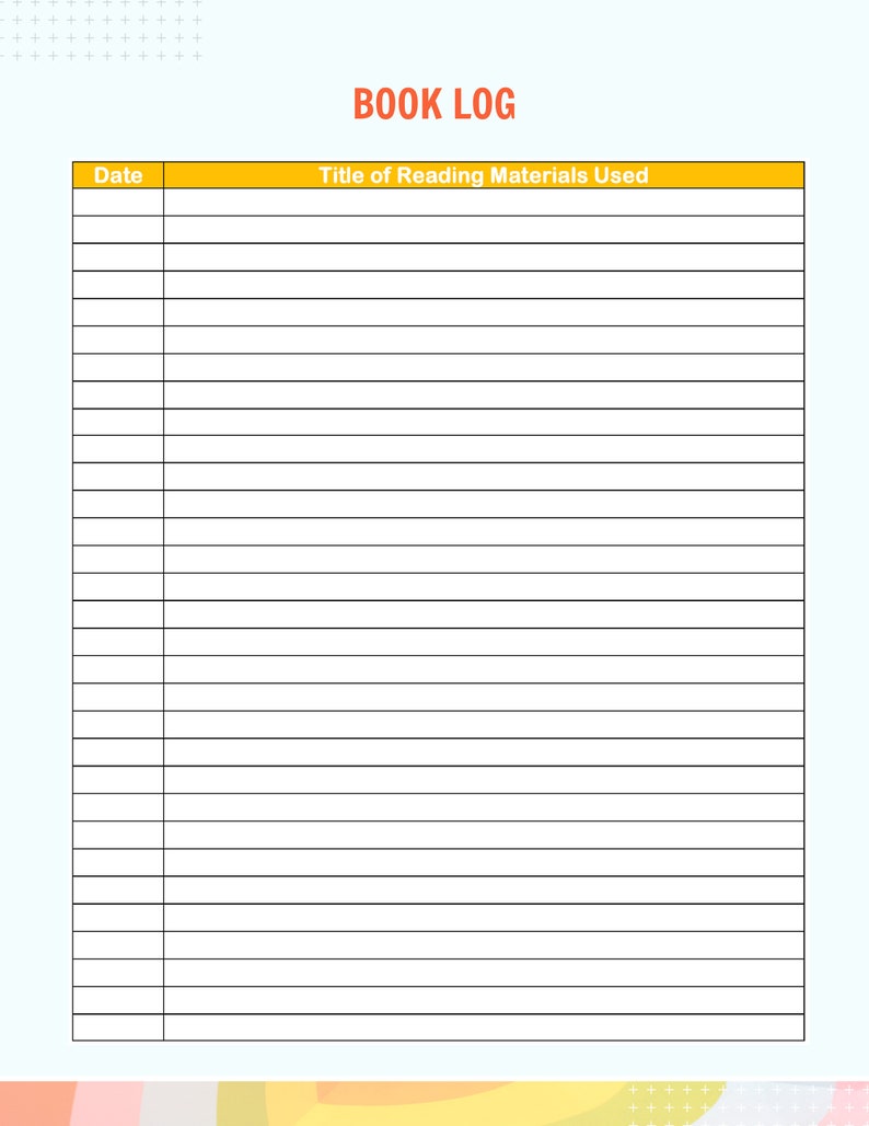 Peut inclure: Un journal de lecture blanc avec les mots "BOOK LOG" en orange. Le journal a un en-t&ecirc;te jaune avec les mots "Date" et "Titre des documents de lecture utilis&eacute;s". Le journal comporte de nombreuses lignes horizontales pour l'&eacute;criture.