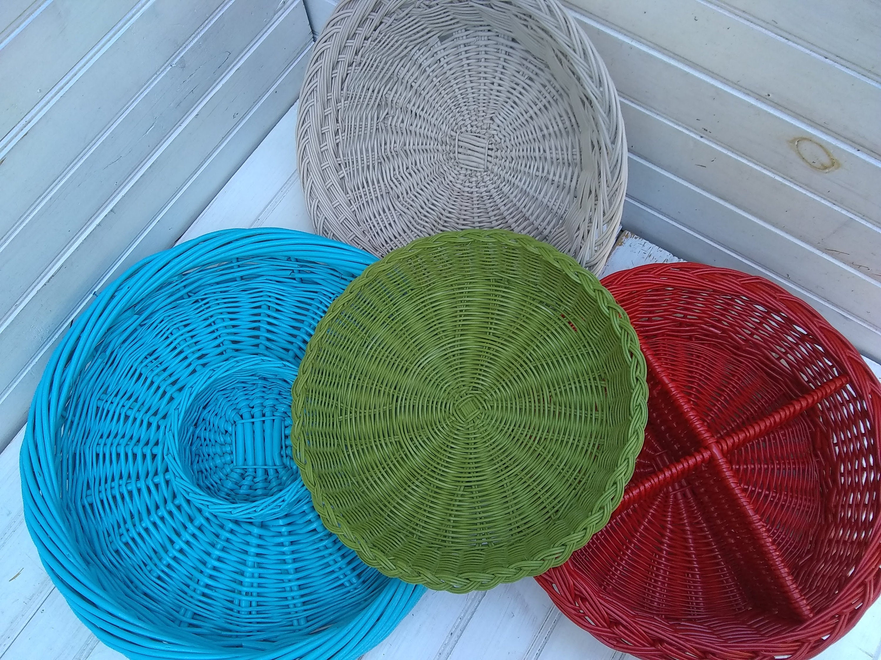4 Painted Wicker Picnic Serving Baskets Trays Bowls Colorful Etsy