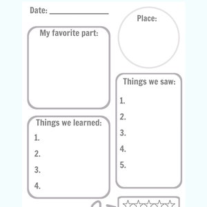 Peut inclure: Une feuille de route de voyage scolaire blanche avec le titre "My Field Trip Log". Elle comprend des sections pour la date, le lieu, la partie pr&eacute;f&eacute;r&eacute;e, les choses apprises, les choses vues et une section d'&eacute;valuation avec cinq &eacute;toiles.