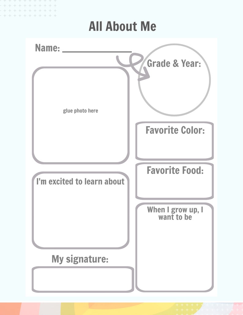 Peut inclure: Une feuille de travail "All About Me" bleu clair avec des contours gris. La feuille de travail comprend des sections pour le nom, la classe, la photo, la couleur pr&eacute;f&eacute;r&eacute;e, le plat pr&eacute;f&eacute;r&eacute; et les aspirations futures. Le texte "All About Me" est en haut.