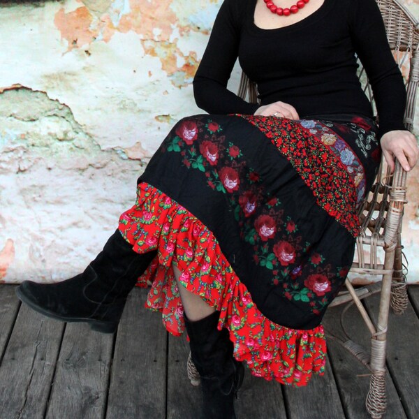 M-L folk roses gypsy recycled skirt boho floral style