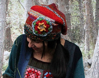 Crazy hand knitted crochet appliqued   slouch hat beanie hat hippie boho