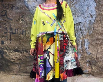 Plus Size Patchwork Tunic Dress: Upcycled Tie Dye Art, L-XL