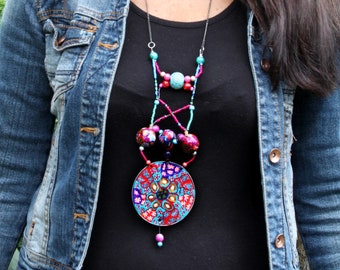 Fantasy colorful polymer clay millefiori mandala pendant and various beads necklace ethnic boho style