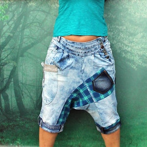 M-L Crazy knee yoga denim pants boro inspired appliqued recycled patchwork hippie boho style