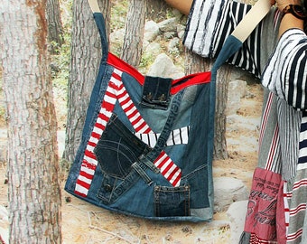 Crazy fantasy denim and sailor scraps recycled hippie bag  hippie boho bohemian style