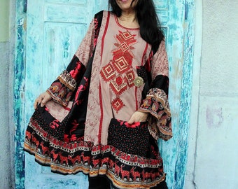 Plus size L-XXL  India ethnic  tribal embroidered  patchwork  recycled hippie boho banjara bollywood dress tunic