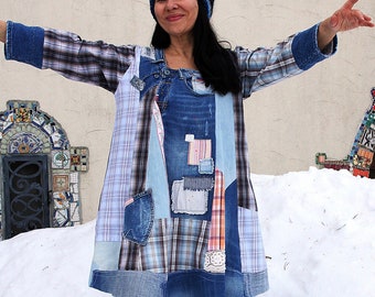L-L/XL Crazy blue denim distressed and pastel grid patchwork recycled  hippie boho bohemian shabby chic tunic top